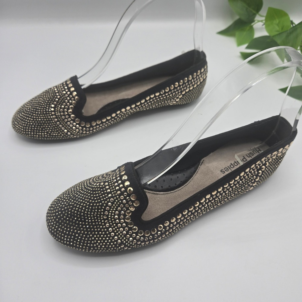 Hush Puppies Loafers Black Gold Studded Slip On Flats NEW WMS 6.5